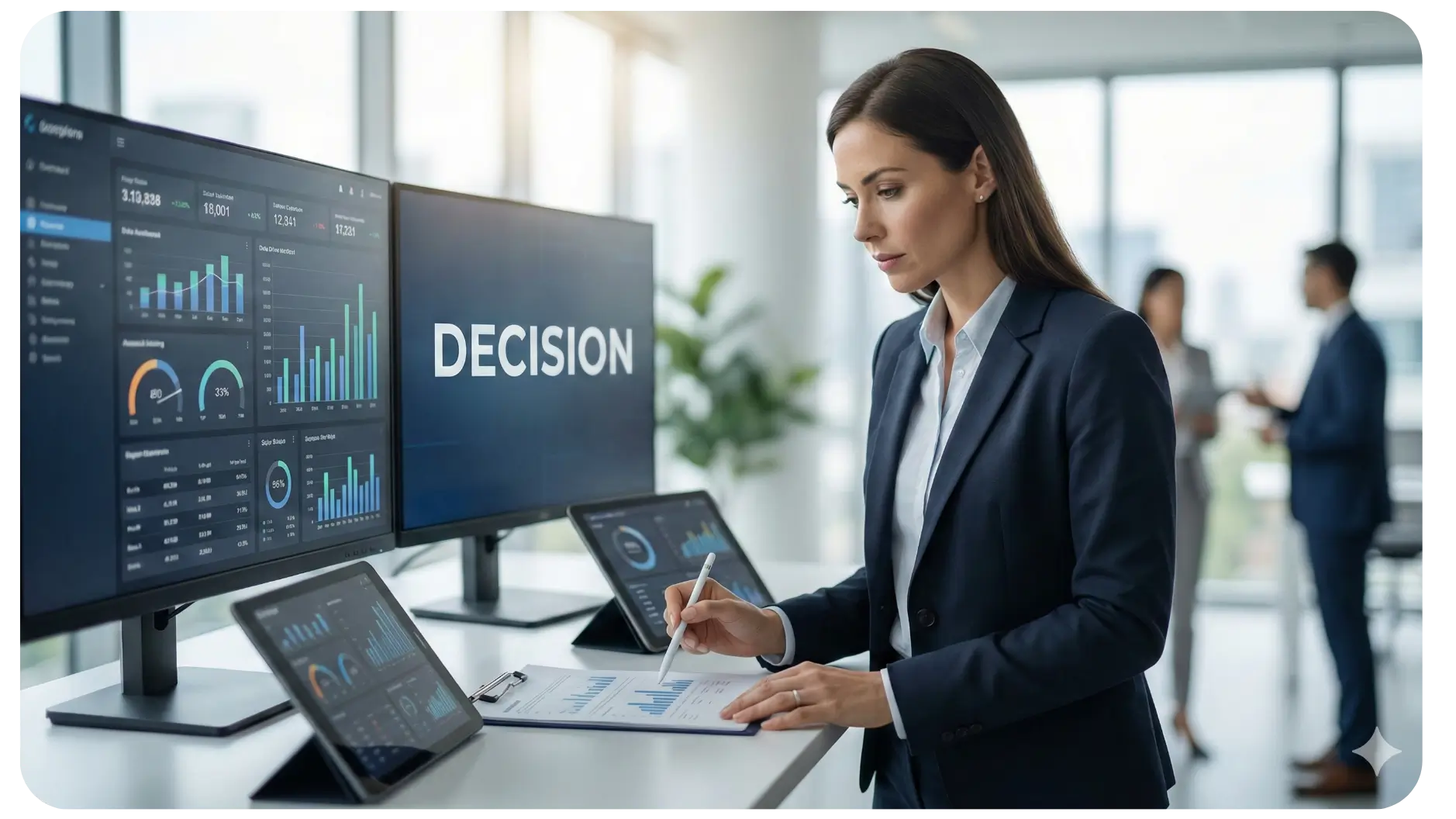 Empresaria analizando el crecimiento y la rentabilidad de su negocio a través de datos financieros